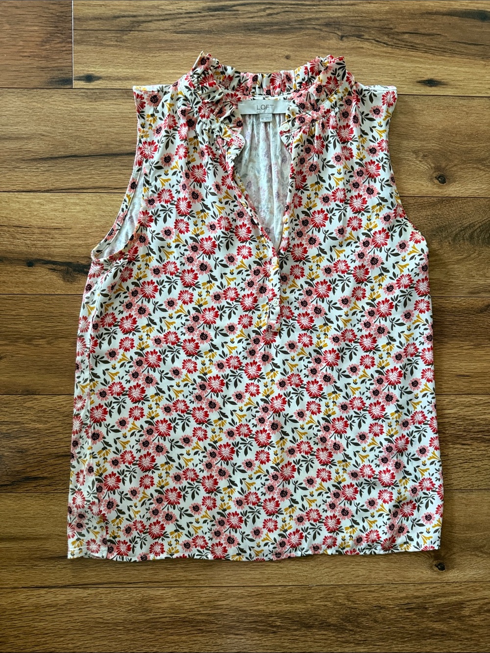 LOFT Floral Ruffle Neck Sleeveless Top - White with Pink and Yellow Flowers